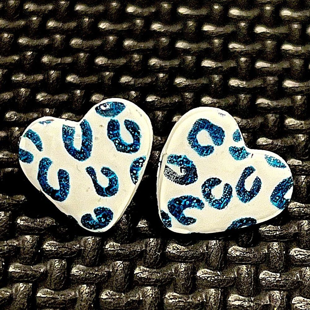 NEW White & Blue Leopard Print Resin & Polymer Clay Heart Stud Earrings